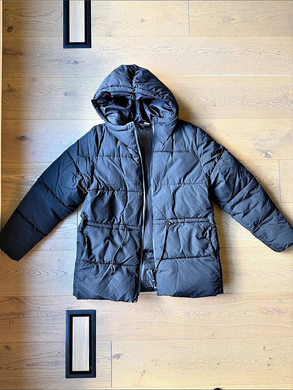 H&M Divided Hooded Puffer Jacket with Drawstring Waist Black Size Small (fits M)